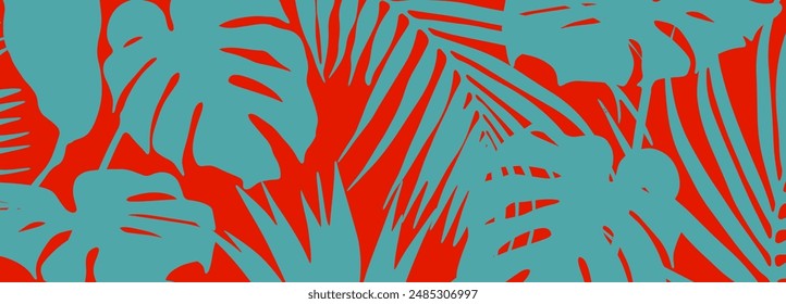 Colorful summer banner, background with tropical plant leaves. Vector illustration