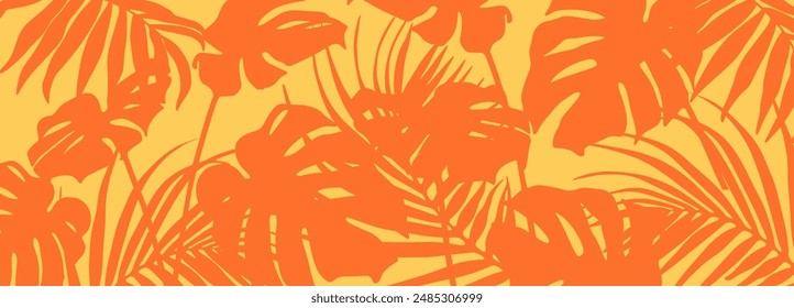 Colorful summer banner, background with tropical plant leaves. Vector illustration