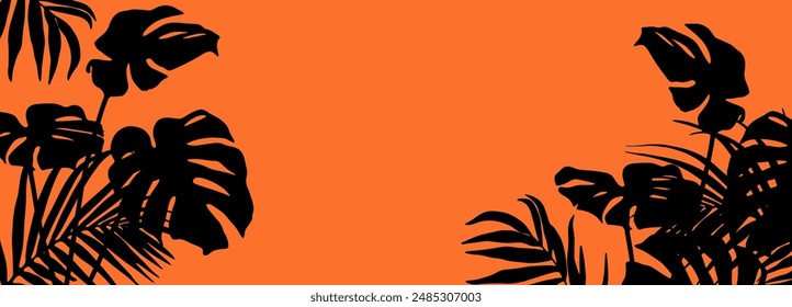 Colorful summer banner, background with tropical plant leaves. Vector illustration
