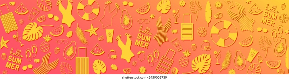 Colorful summer banner with icons of swimwear, sunglasses, fruits, tropical plants, flip-flops.  Vector illustration with bright gradient