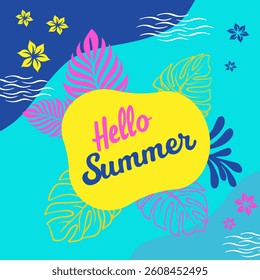 Colorful summer banner illustration with tropical leaves, bright flowers, decorative waves, and vibrant lettering that says Hello Summer on a sunny abstract background