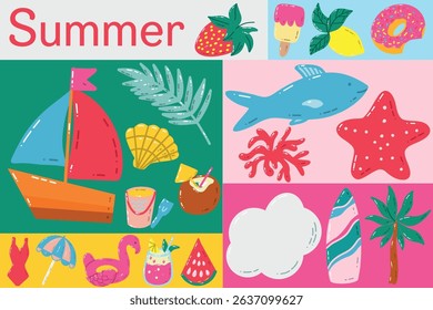 Colorful Summer Banner with Illustrations Featuring Beach, Sea, Fruits, and Leisure Activities. Vibrant illustration showcasing summer icons including fruits, beach elements, sea motifs, and leisure 