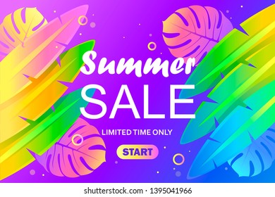 Colorful summer banner template. Tropical leaves and abstract background. Sale poster. Vector illustration.