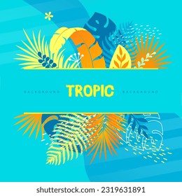 Colorful  summer banner with tropic leaves. Summertime background. Vector illustration