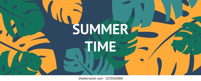 Colorful summer banner with tropical leaves. Summer time text. vector illustration 