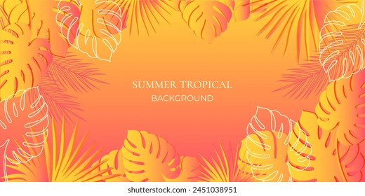 Colorful summer banner with tropical leaves and space for text. Vector illustration with yellow gradient