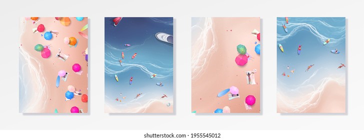 Colorful Summer banners, ocean tropical backgrounds, sea, surf beach paper cut. Beautiful top view cards, posters, flyers, party invitations. Summertime template collection.