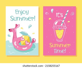 Colorful Summer banners set with sea beach. Beautiful Summer Time cards, posters, flyers, party invitations. Summertime text, template collection.