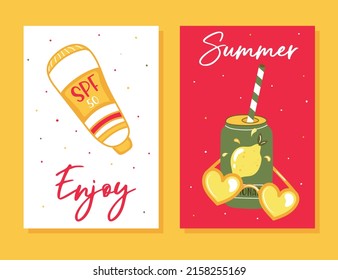 Colorful Summer banners set with sea beach. Beautiful Summer Time cards, posters, flyers, party invitations. Summertime text, template collection.