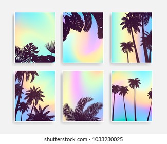 Colorful Summer banners, tropical backgrounds set with palms, leaves, sea, clouds, sky, beach colors. Beautiful Summer Time cards, posters, flyers, party invitations. Summertime template collection.