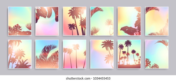 Colorful Summer banners, tropical backgrounds set with palms, leaves, sea, clouds, sky, beach colors. Beautiful Summer Time cards, posters, flyers, party invitations. Summertime template collection.