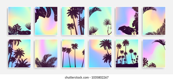 Colorful Summer banners, tropical backgrounds set with palms, leaves, sea, clouds, sky, beach colors. Beautiful Summer Time cards, posters, flyers, party invitations. Summertime template collection.