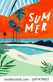 Colorful Summer banners, tropical backgrounds set with palms, leaves, sea, ,pool, sky. Beautiful Summer Time cards, posters, flyers, party invitations. 