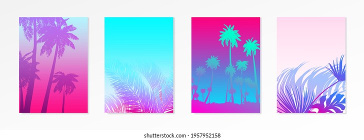 Colorful Summer banners, tropical backgrounds set with palms, sea, clouds, sky, beach. Beautiful Summer Time cards, posters, flyers, party invitations. Summertime, template collection.