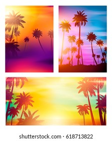 Colorful Summer banners, tropical backgrounds set with palms, sea, clouds, sky, beach. Beautiful Summer Time cards, posters, flyers, party invitations. Summertime template collection.