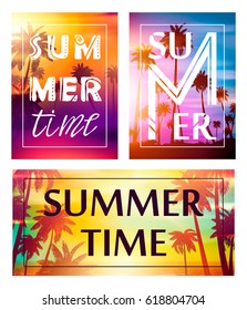 Colorful Summer banners, tropical backgrounds set with palms, sea, clouds, sky, beach. Beautiful Summer Time cards, posters, flyers, party invitations. Summertime text, template collection.