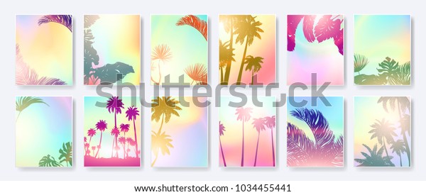 Colorful Summer banners, tropical backgrounds\
set with palms, leaves, sea, clouds, sky, beach colors. Beautiful\
Summer Time cards, posters, flyers, party invitations. Summertime\
template collection.