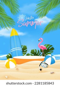 Colorful summer beach background with accessories and podium for product display 