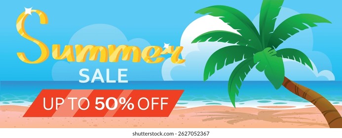 Colorful summer beach background with tropical plants. Sandy seashore with coconut palms. Summer sale. Summer holidays. Summer discounts promotion concept.