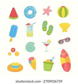 Colección colorida de la ilustración de los Elementos del día de playa del verano