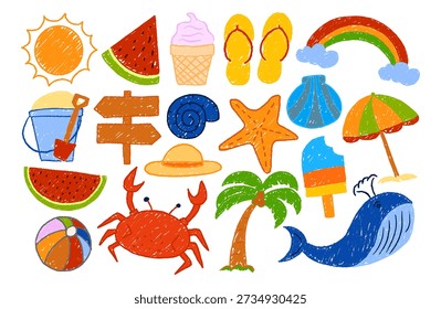 Colorful summer beach elements set hand drawn with crayon texture isolated on white background. Creative collection for kids education, greeting cards, scrapbooking, and summer party decorations