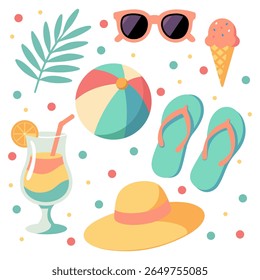 Colorful Summer Beach Elements: Sunglasses, Palm Leaves, Ice Cream, Beach Ball, Flip Flops, Cocktail, Wide-Brim Hat, and Decorative Colorful Dots for Vibrant Holiday and Vacation Design