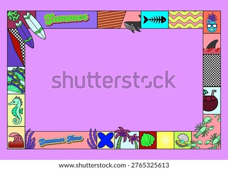 Colorful Summer Beach Frame with Cute Tropical Icons and Blue Copy Space