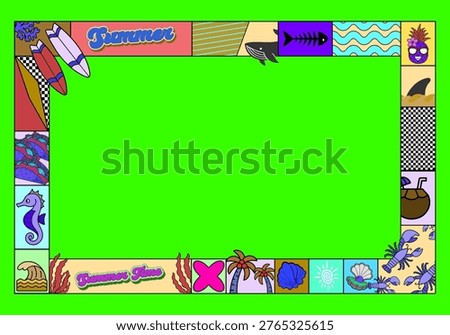 Colorful Summer Beach Frame with Cute Tropical Icons and Blue Copy Space