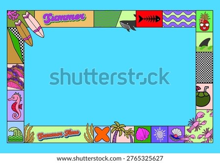 Colorful Summer Beach Frame with Cute Tropical Icons and Blue Copy Space