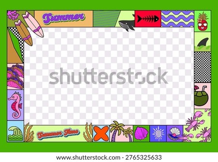 Colorful Summer Beach Frame with Cute Tropical Icons and Blue Copy Space