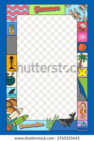 Colorful Summer Beach Frame with Cute Tropical Icons and Blue Copy Space