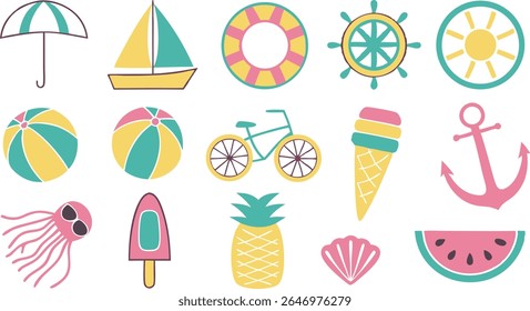 Colorful summer beach icon set featuring a bright sun, ocean waves, beach umbrella, and tropical elements. Perfect for vacation graphics, summer event posters, travel brochures, web design, and season