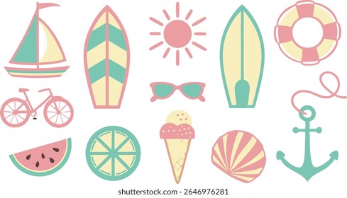 Colorful summer beach icon set featuring a bright sun, ocean waves, beach umbrella, and tropical elements. Perfect for vacation graphics, summer event posters, travel brochures, web design, and season