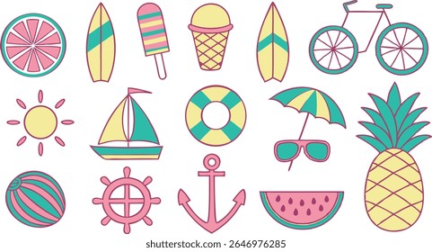 Colorful summer beach icon set featuring a bright sun, ocean waves, beach umbrella, and tropical elements. Perfect for vacation graphics, summer event posters, travel brochures, web design, and season