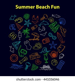 Colorful Summer Beach Line Objects Set  on Black background with beach food and drinks, beach clothes, accessories, sun chair, palm, camper, van, cruise ship, yacht, paddle, board, etc