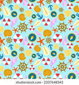 colorful summer beach and marine concept seamless pattern on blue background. vector abstract illustration. 