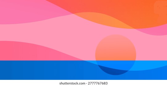 Colorful summer beach ocean view. Relaxing nature landscape with abstract sky, sea and sun. Holiday travel destination and vacation resort summer background. Tropical paradise flat vector illustration