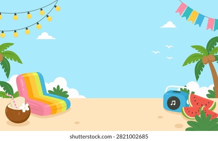 Colorful summer beach party background featuring tropical decorations, inflatable pool float, coconut drink, watermelon, party lights, palm trees, and large copy space for seasonal designs.