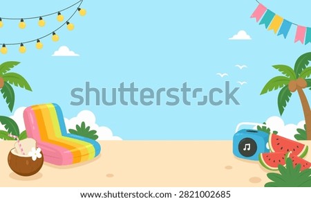 Colorful summer beach party background featuring tropical decorations, inflatable pool float, coconut drink, watermelon, party lights, palm trees, and large copy space for seasonal designs.