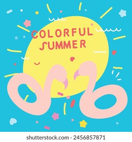 colorful summer. Beach party card or flyer template. Catch the summer vibe concept. Flat vector style illustration. Perfect background for posters, cover art, flyer, banner.