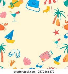 Colorful summer beach pattern with palm trees, cocktails, and beach accessories. Vibrant summer vibes with palm trees and cocktails. Perfect for beach-themed designs. Summer border frame vector.