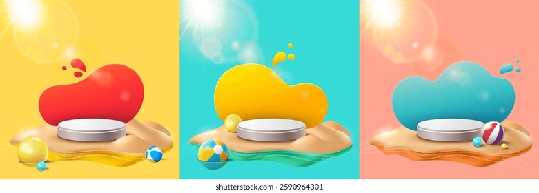 Colorful Summer Beach Podiums with Abstract Shapes and Sunlight