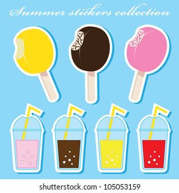Colorful summer beach stickers collection, ice cream and cocktails, vector illustration