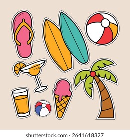 Colorful Summer Beach Vacation Stickers Set with Ice Cream, Palm, and Surfboard Elements