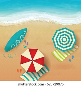 Colorful summer beach vector background, top view