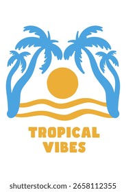 Colorful summer beach vector illustration featuring tropical elements, ocean waves, palm trees, sun, surfboard, and vacation vibes. Perfect for seasonal design and holiday promotion.