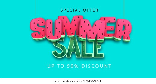 Colorful summer big sale poster with watermelon. Summertime background