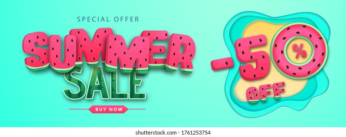 Colorful summer big sale poster with watermelon. Summertime background