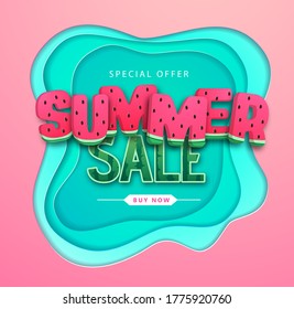 Colorful summer big sale poster with watermelon. Summertime background