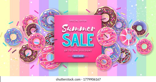 Colorful summer big sale poster with sweet donuts. Summertime background. Junk food background. Typography design